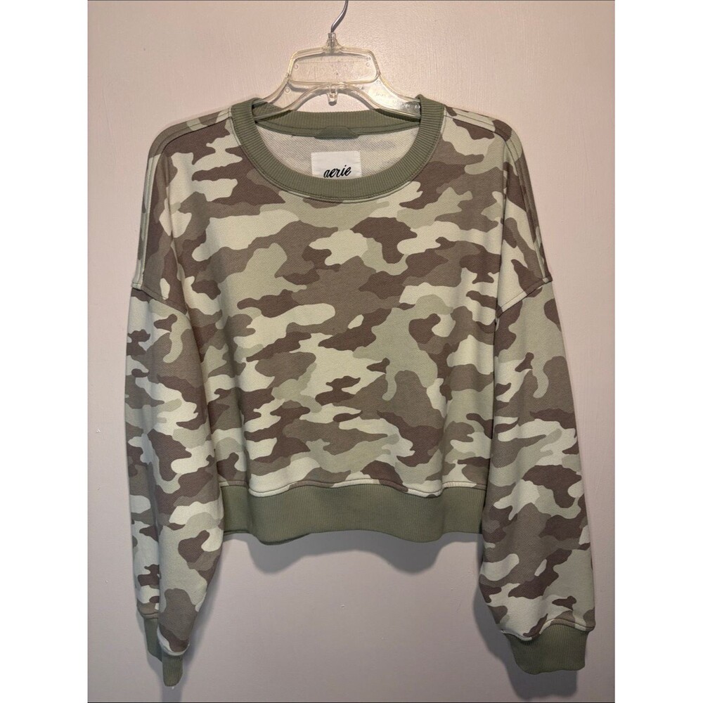 Aerie Cropped Boxy Green Camo Long Sleeve Crew Neck Pullover Sweater Size S